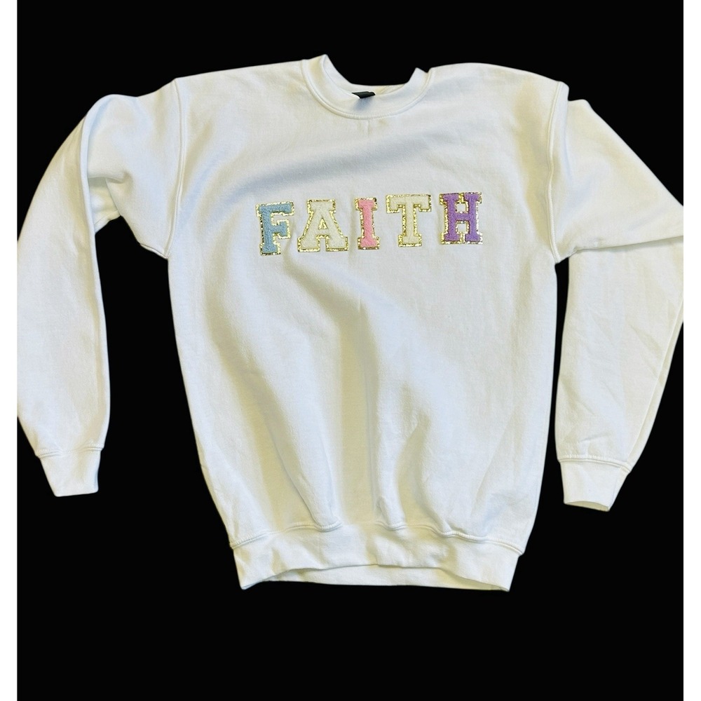 Gildan Youth XL White Sweatshirt Raised FAITH Letters Multicolor Christian Gift